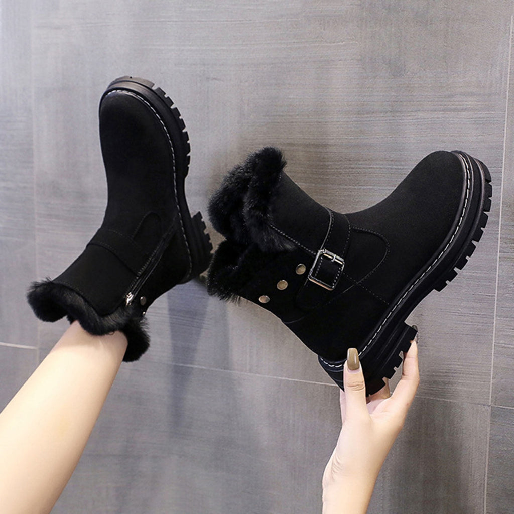 hopeusnice Women's Winter Boots Suede Buckle Ankle Booties Fuzzy Fleece Lined Warm Shoes Snow Boots Black 35