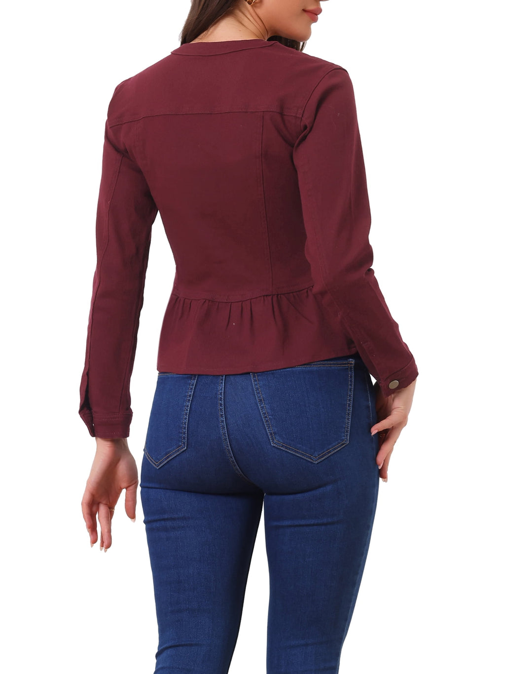INSPIRE CHIC Women's Denim Jackets Button Down Peplum Hem Long Sleeves Cropped Jean Jackets White L