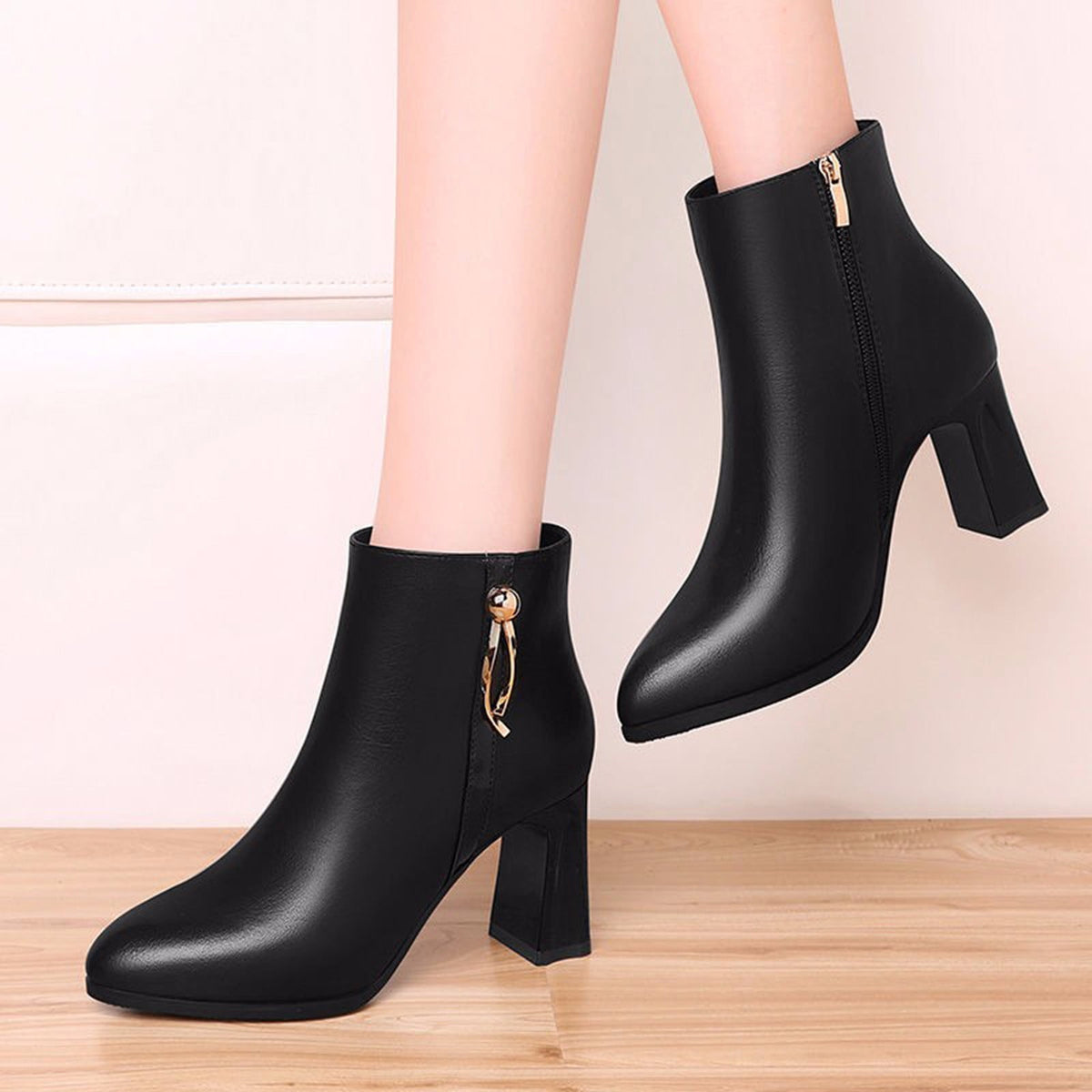 hopeusnice Women's Ankle Boots Pointed Toe Zipper Block Heel Booties Comfortable Leather Shoes Fall Winter Dressy Shoes Black 38