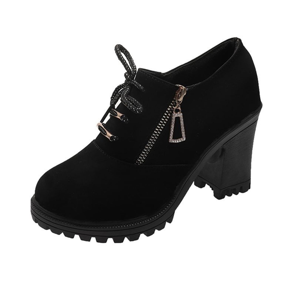 hopeusnice Women's Ankle Boots Lace Up Buckle Zipper Chunky Heel Shoes Comfortable Suede Round Toe Block Heel Fall Winter Boots Outdoor Black 37