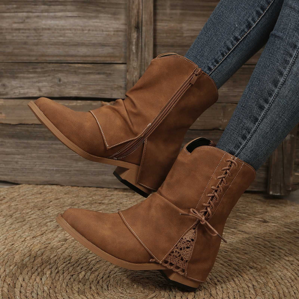 hopeusnice Women's Lace Up Ankle Boots Suede Buckle Low Heel Chunky Heel Mid Calf Booties Round Toe Zipper Fall Winter Comfortable Shoes Brown 38