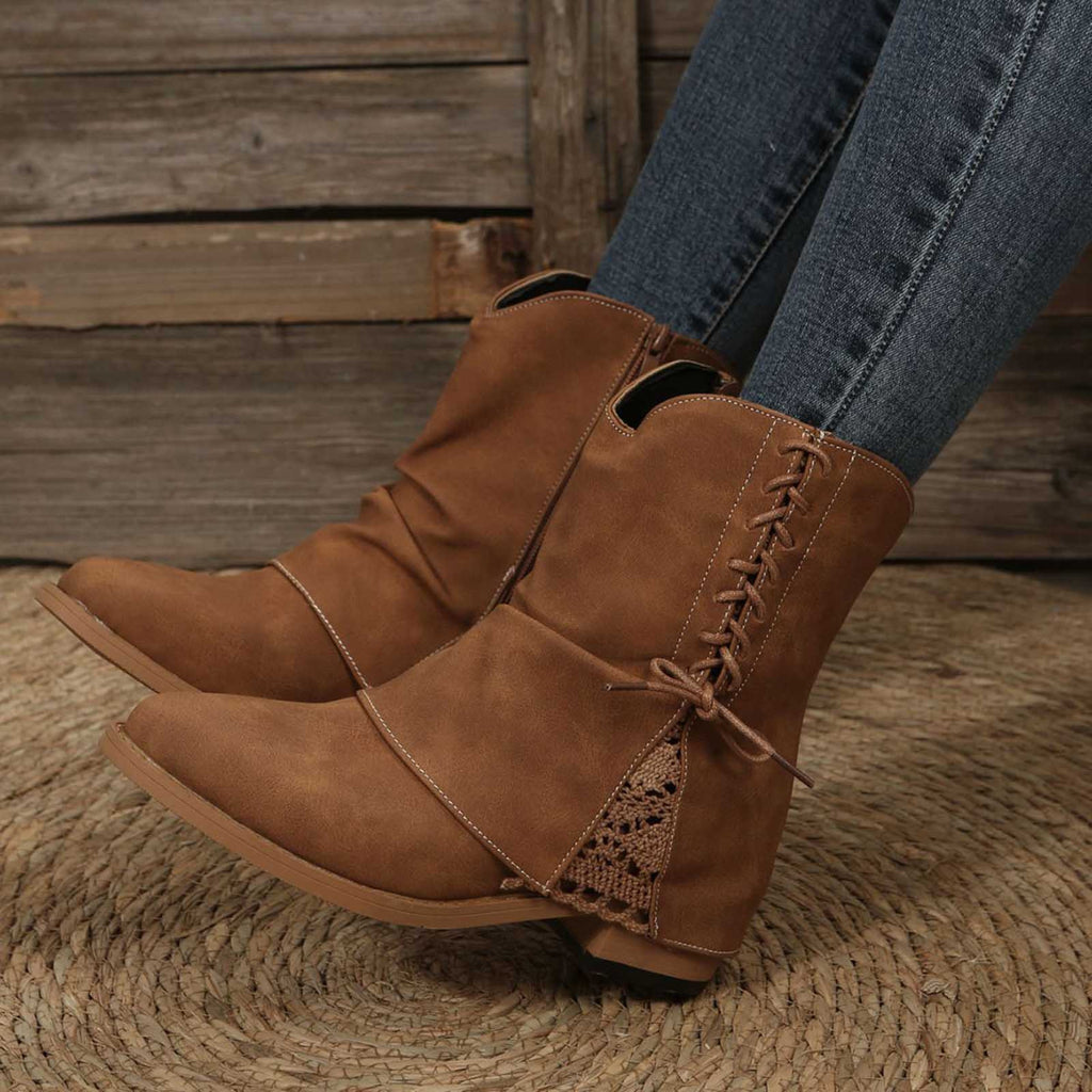 hopeusnice Women's Lace Up Ankle Boots Suede Buckle Low Heel Chunky Heel Mid Calf Booties Round Toe Zipper Fall Winter Comfortable Shoes Brown 38