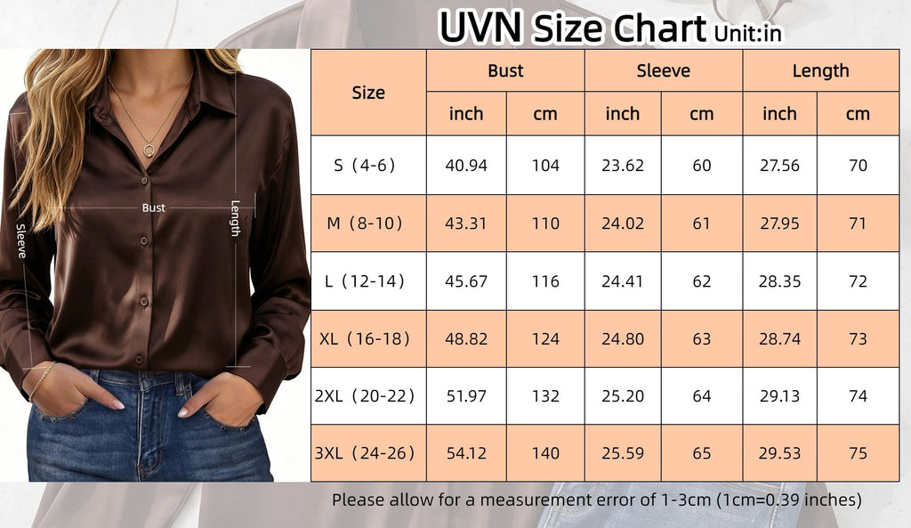 UVN Blouses for Women Long Sleeve Satin Shirts Button Down Ladies Casual Top