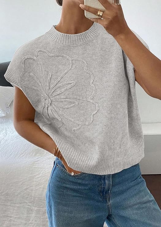 PRETTYGARDEN Women's Spring Sweater Vest Trendy Flower Knit Short Sleeve Cute Pullover Tank Tops Summer Fashion Clothing