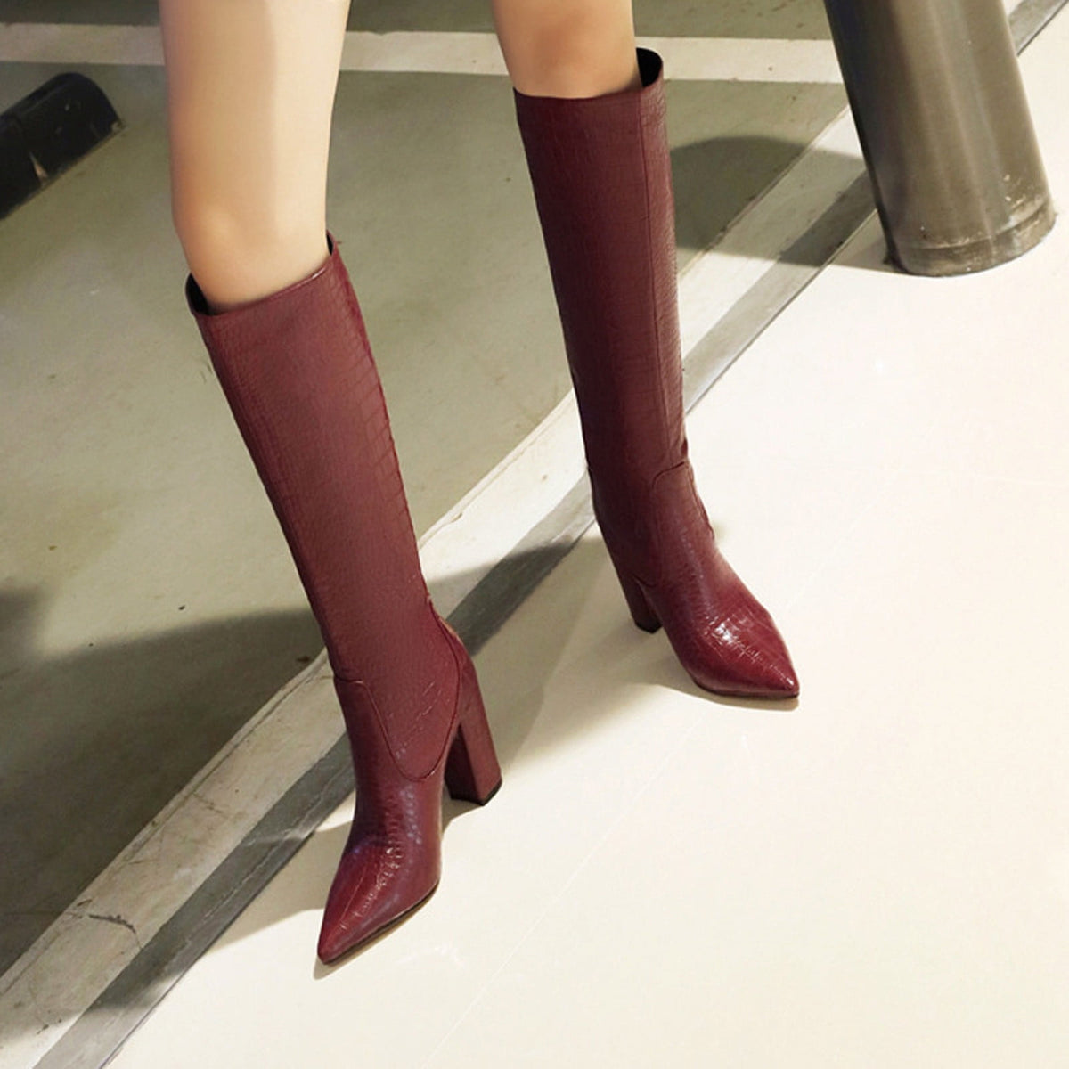 Women's Knee High Boots Pointed Toe Chunky Heel Leather Boots Fall Winter Warm Comfortable Fashion Boots Yellow 44