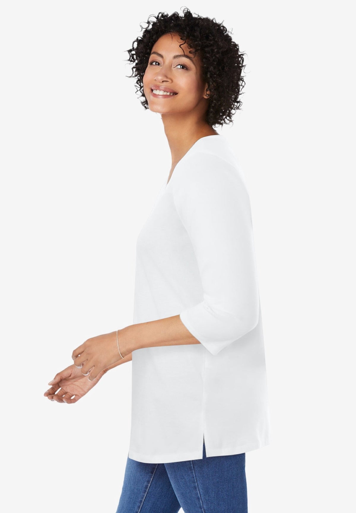 Woman Within Plus Size Perfect Three-Quarter Sleeve V-Neck Tunic
