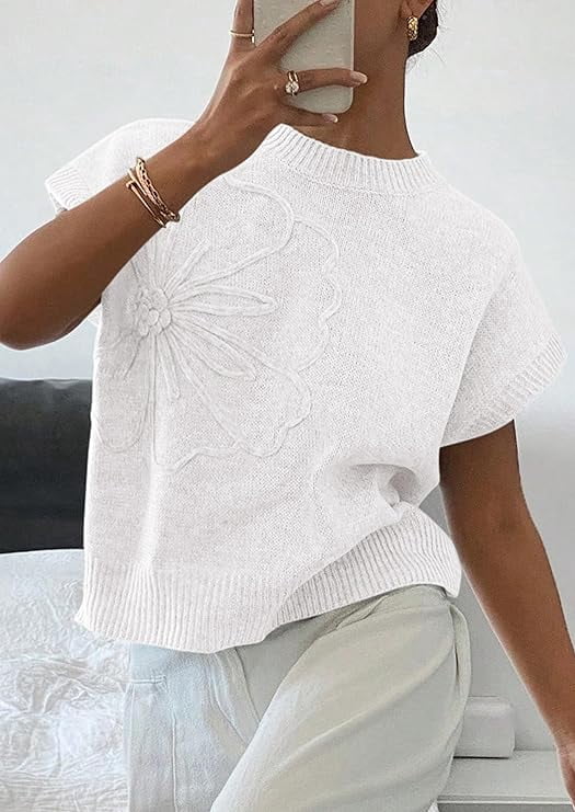 PRETTYGARDEN Women's Spring Sweater Vest Trendy Flower Knit Short Sleeve Cute Pullover Tank Tops Summer Fashion Clothing
