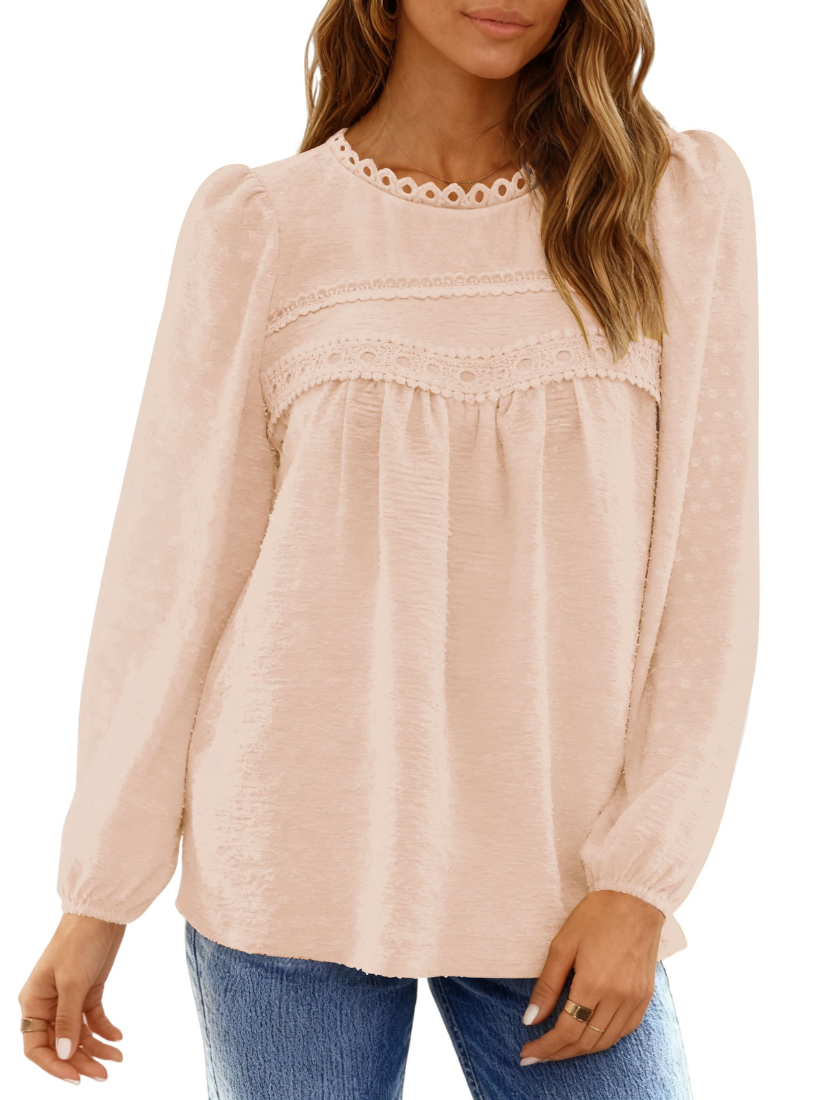 UVN Fall Shirts for Women Long Sleeve Blouses Ladies Crewneck Lace Crochet Tops Dressy Chiffon Blouses