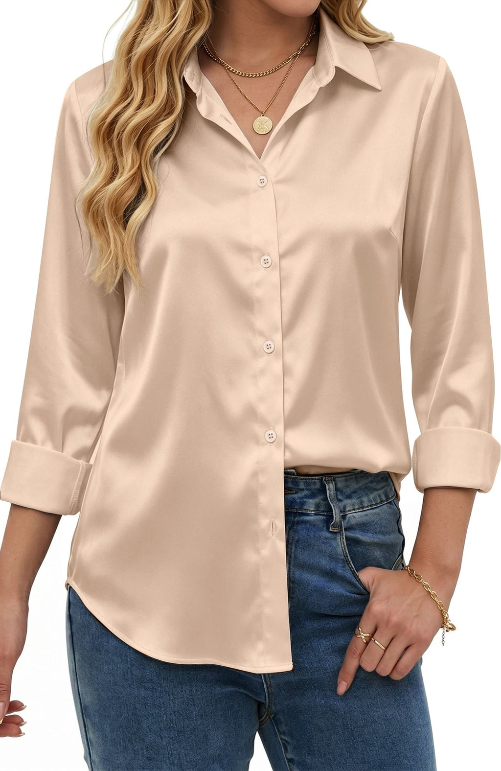 UVN Blouses for Women Long Sleeve Satin Shirts Button Down Ladies Casual Top