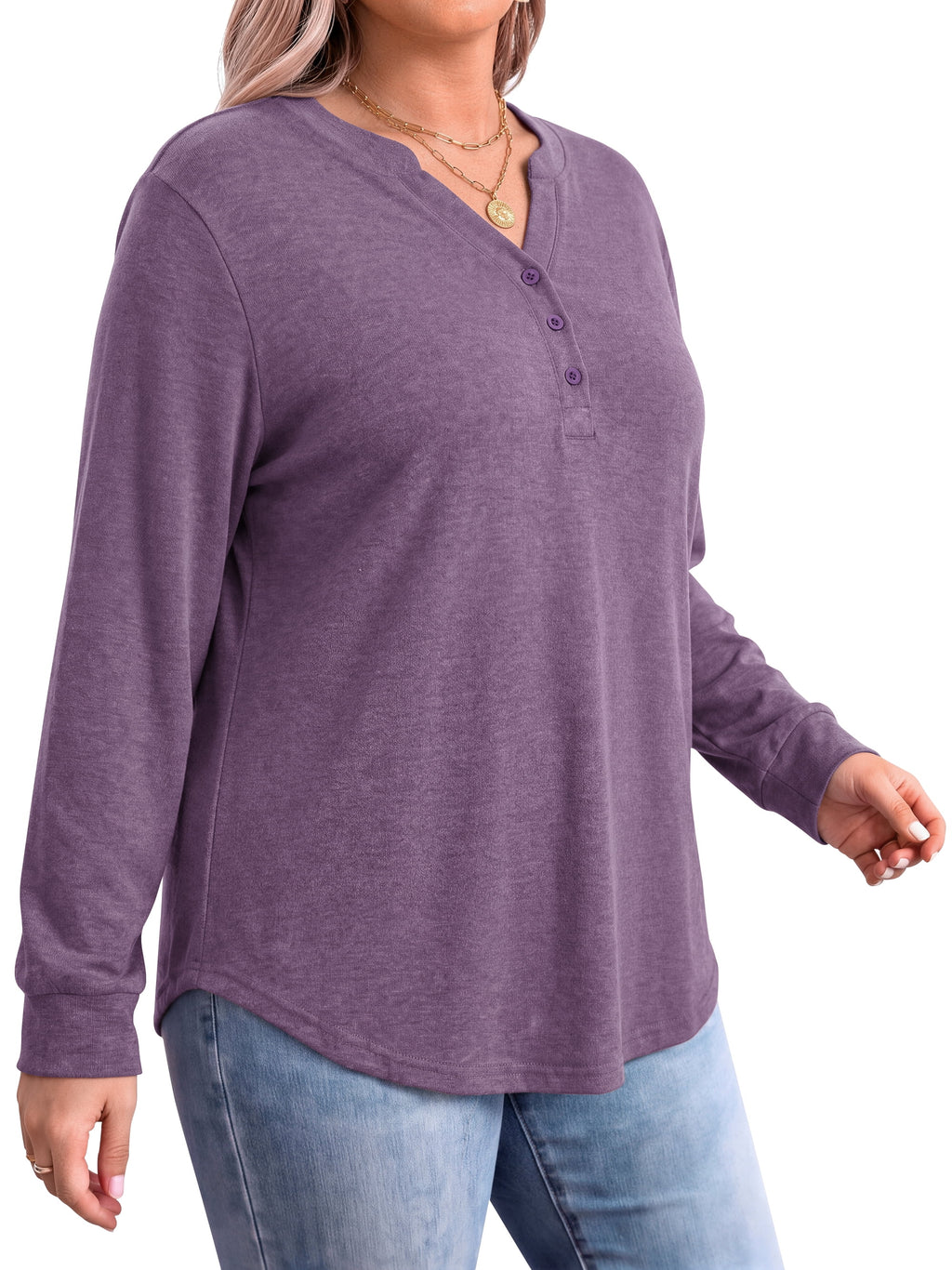 WellSize Plus Size Blouses for Women Henley V Neck Tops Casual Long Sleeve Button Shirts Fall Pullover Outfit