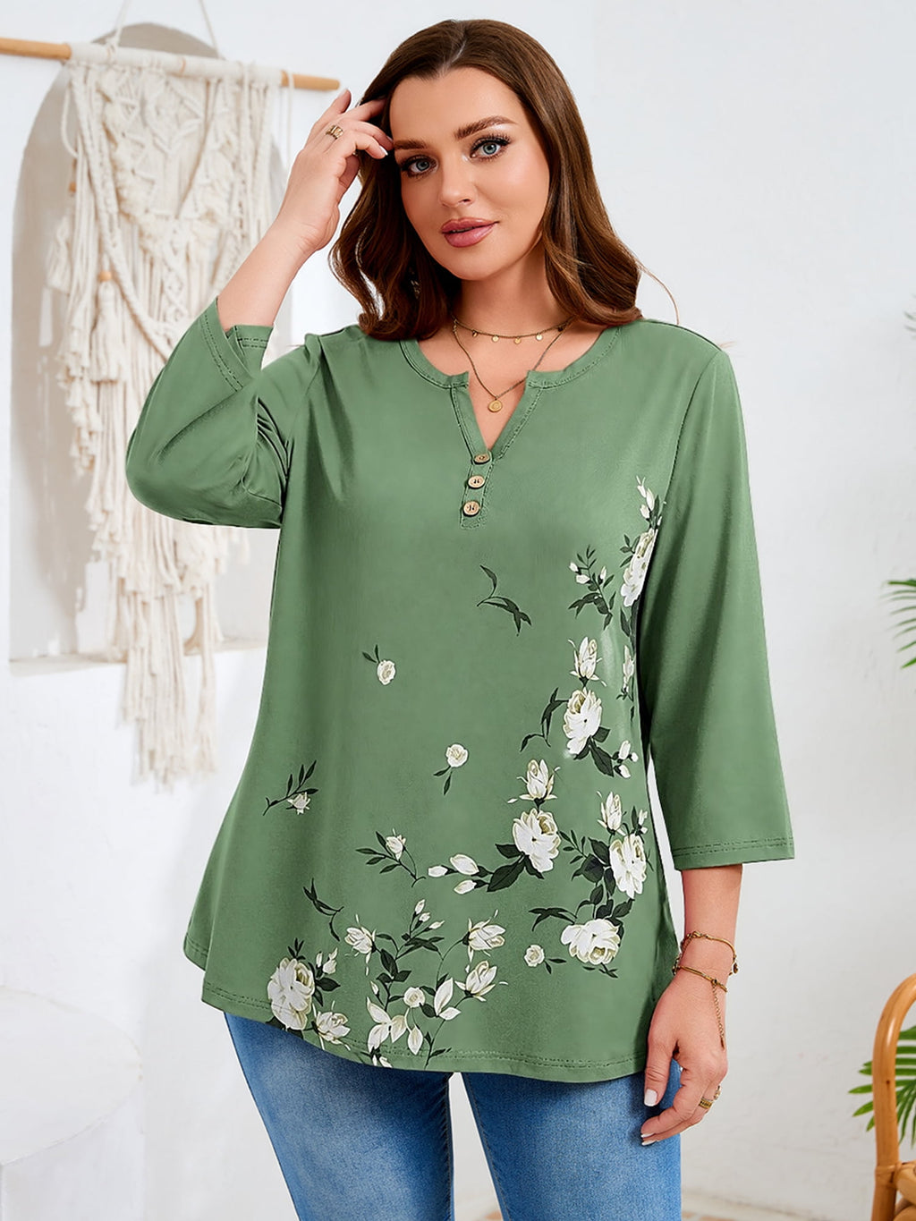 SHOWMALL Plus Size Tops for Women, 3/4 Sleeve Button V Neck Casual Tunic Blouse, Green, Size 4X