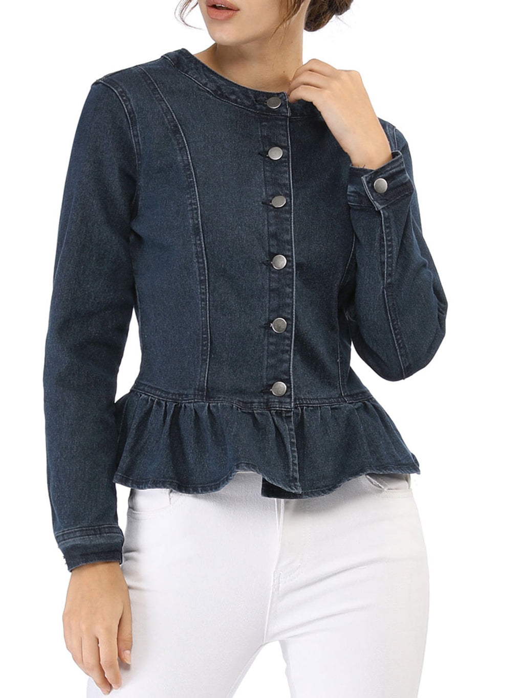INSPIRE CHIC Women's Denim Jackets Button Down Peplum Hem Long Sleeves Cropped Jean Jackets White L