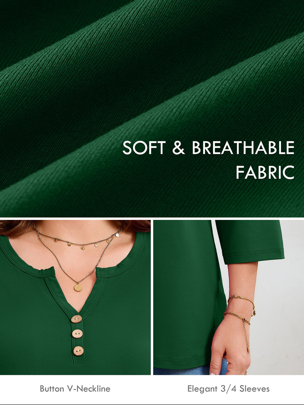 SHOWMALL Plus Size Tops for Women, 3/4 Sleeve Button V Neck Casual Tunic Blouse, Green, Size 4X