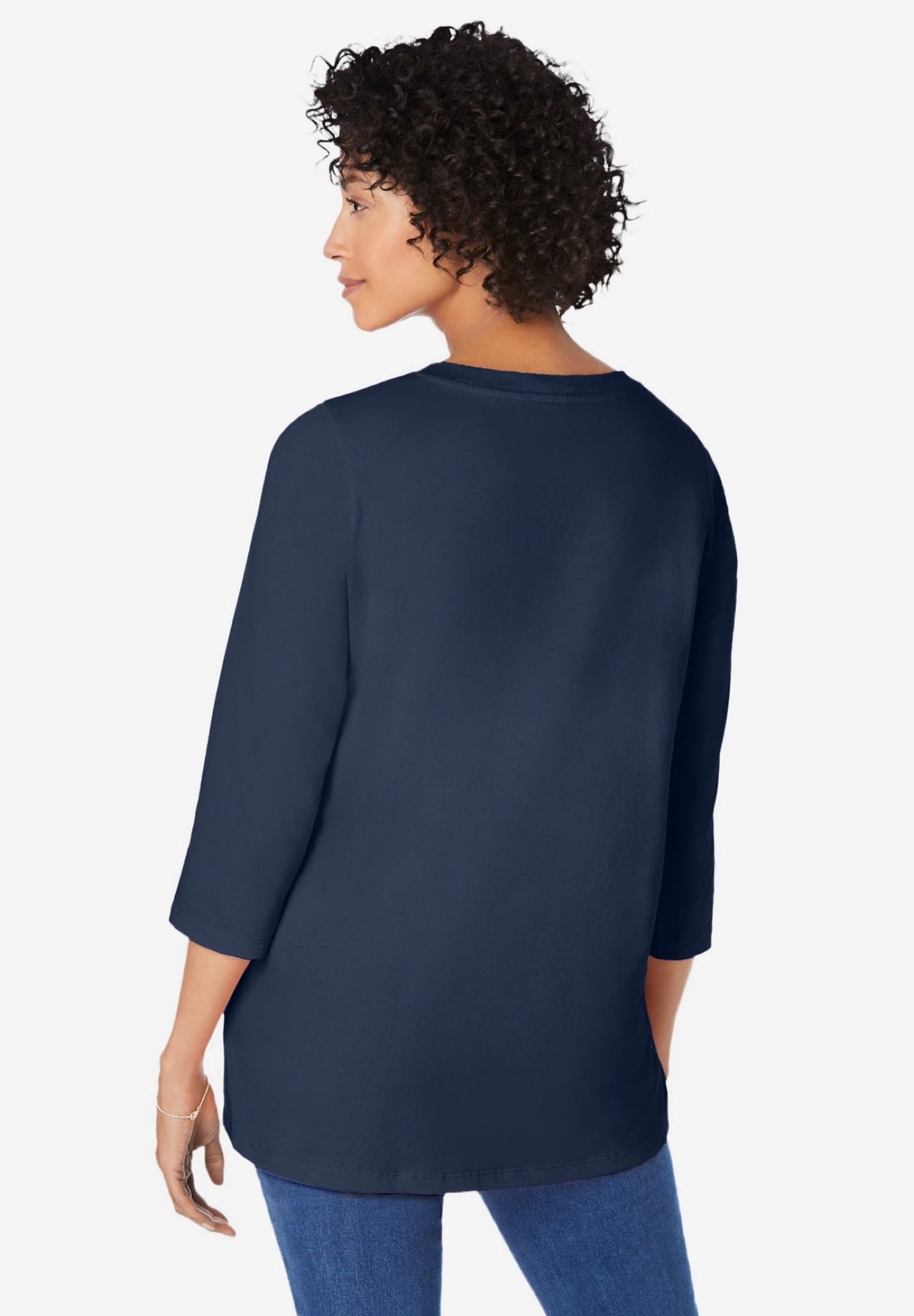 Woman Within Plus Size Perfect Three-Quarter Sleeve V-Neck Tunic