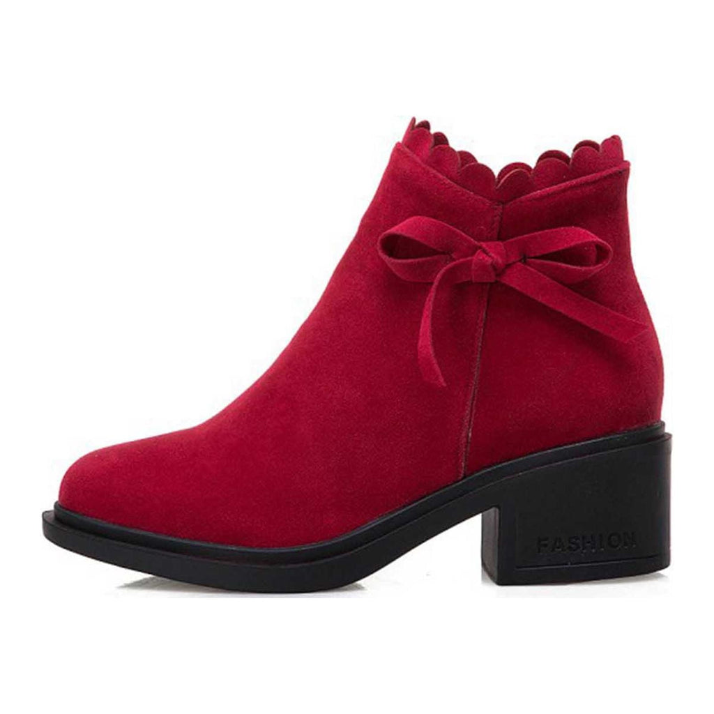 hopeusnice Women's Ankle Boots Suede Bowknot Block Heel Booties Round Toe Zipper Back Short Boots Winter Warm Comfortable Shoes Red 35