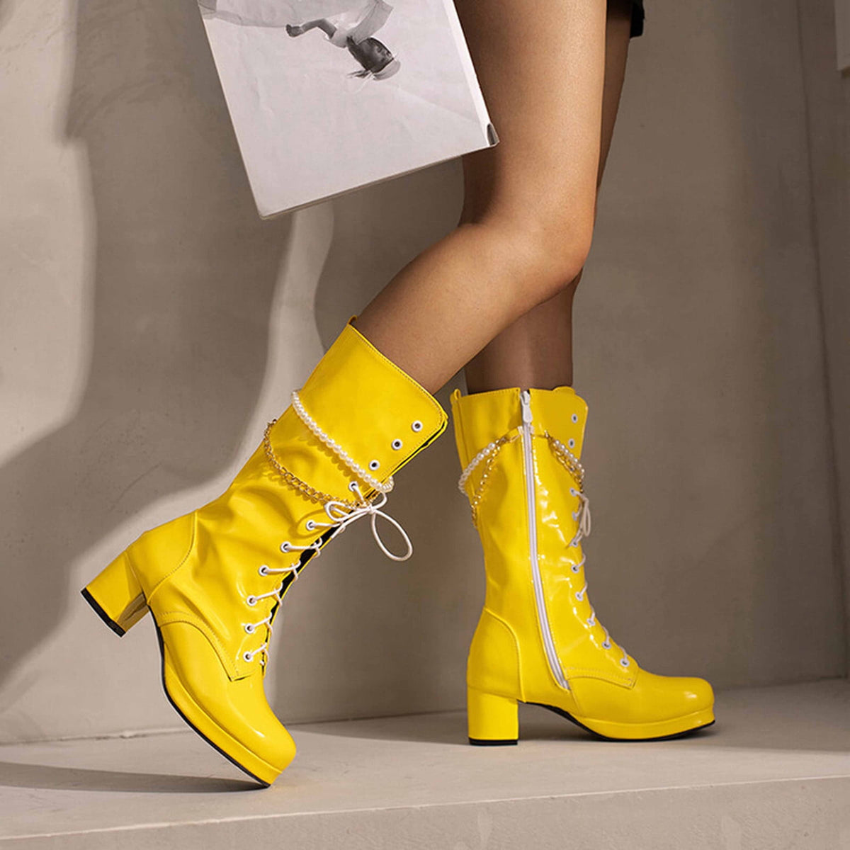 hopeusnice Knee High Boots for Women Mid Calf Boots Chunky Block Heels Buckle Lace Up Boots Stylish Fall Winter Shoes Orange 36