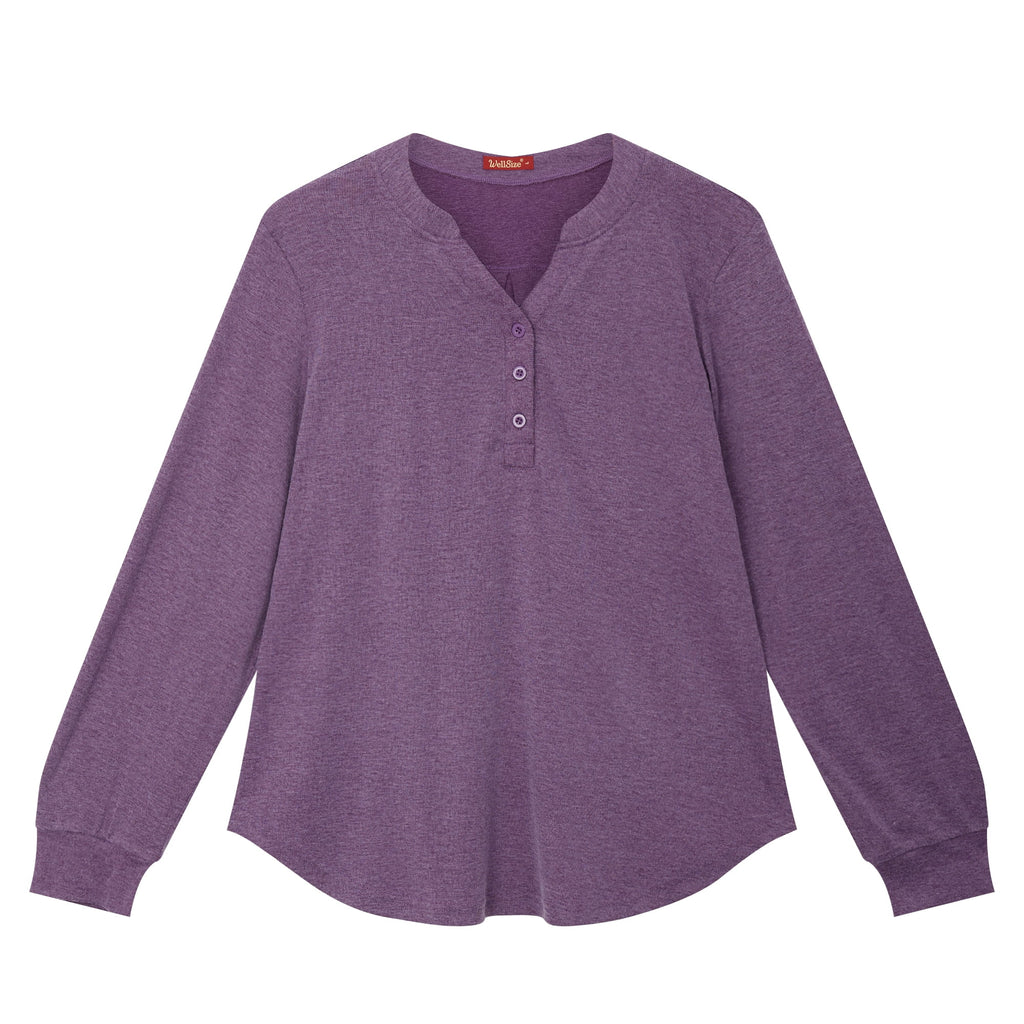 WellSize Plus Size Blouses for Women Henley V Neck Tops Casual Long Sleeve Button Shirts Fall Pullover Outfit