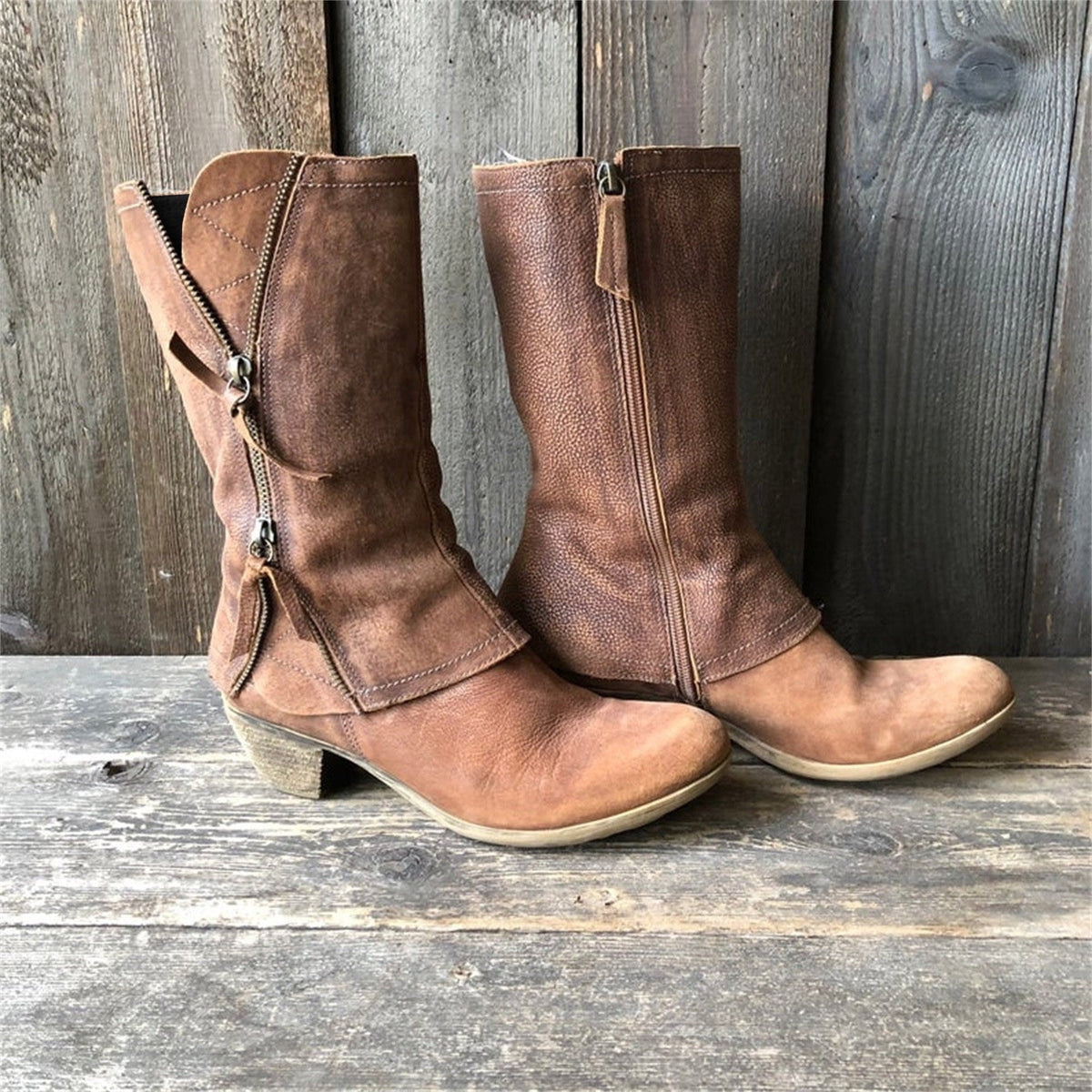 Women's Mid Calf Boots Side Zipper Boots Comfortable Block Heel Ankle Boots Faux Leather Boots Fall Winter Boots Brown 37