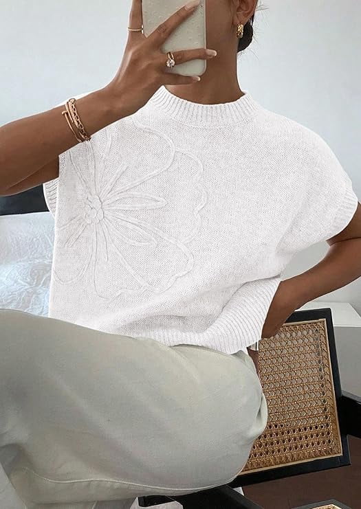 PRETTYGARDEN Women's Spring Sweater Vest Trendy Flower Knit Short Sleeve Cute Pullover Tank Tops Summer Fashion Clothing