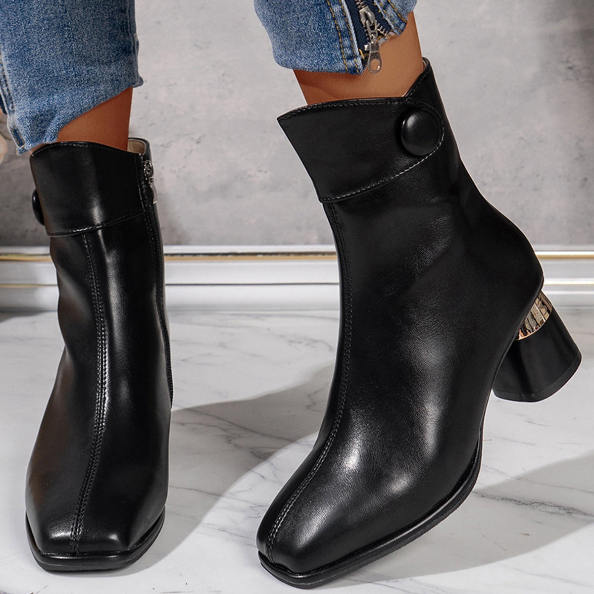 hopeusnice Women's Ankle Boots Square Toe Block Heel Leather Zipper Buckle Chunky Heel Fall Winter Fashion Comfortable Black 42