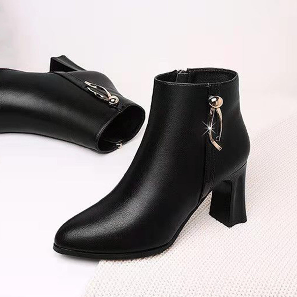 hopeusnice Women's Ankle Boots Pointed Toe Zipper Block Heel Booties Comfortable Leather Shoes Fall Winter Dressy Shoes Black 38
