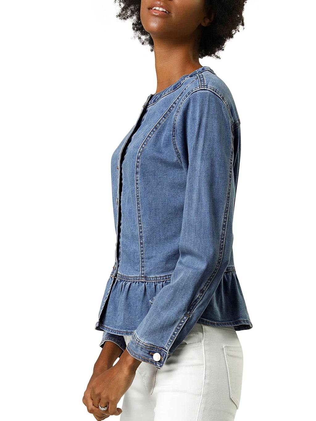 INSPIRE CHIC Women's Denim Jackets Button Down Peplum Hem Long Sleeves Cropped Jean Jackets White L