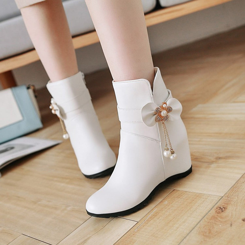 Women's Ankle Boots Wedge Heel Zipper Closure Bowknot Decor Faux Leather Booties Short Boots Comfortable Wedge Heel Shoes Pink 40
