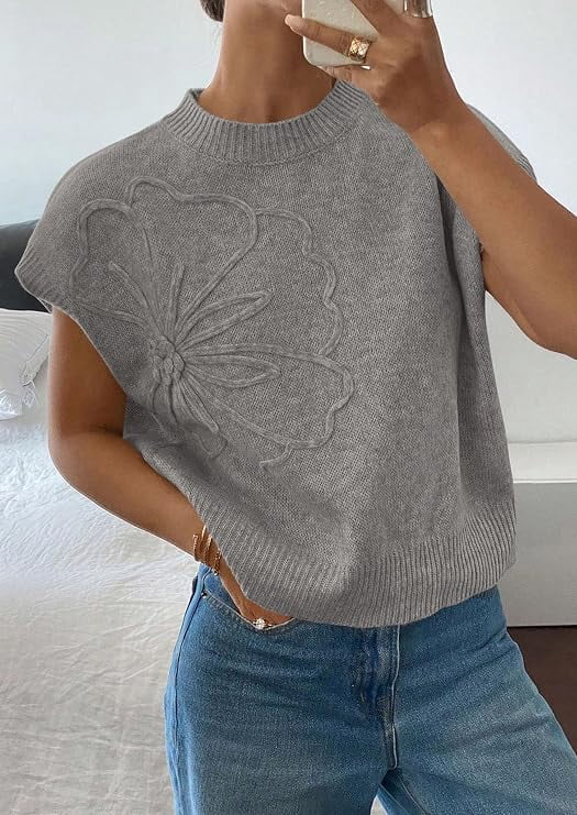 PRETTYGARDEN Women's Spring Sweater Vest Trendy Flower Knit Short Sleeve Cute Pullover Tank Tops Summer Fashion Clothing
