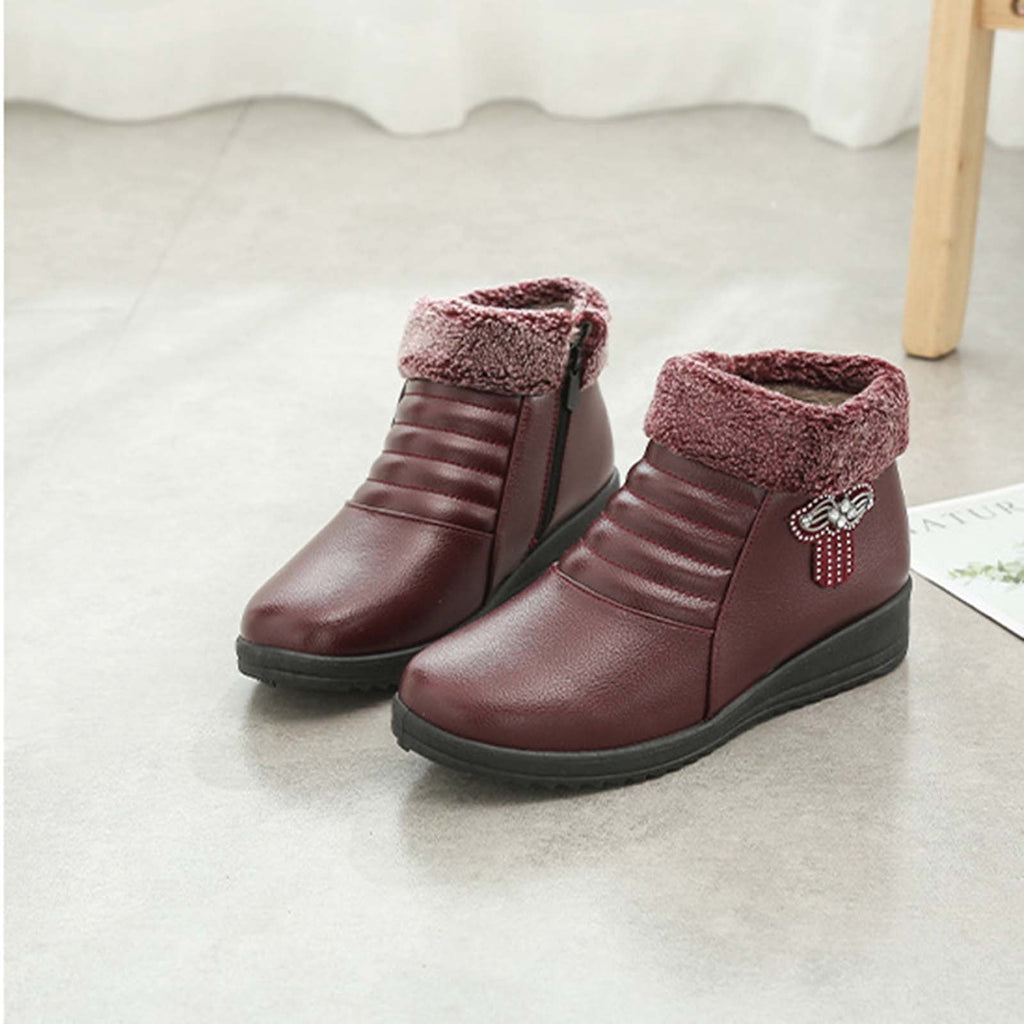 hopeusnice Women's Winter Boots Fuzzy Fleece Lined Warm Ankle Booties Slip On Plush Comfortable Non Slip Wedge Heel Shoes Wine 37