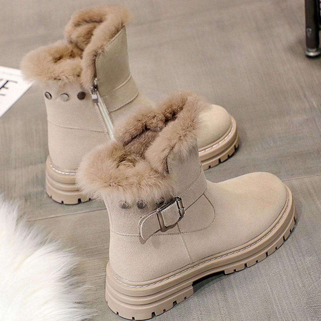 hopeusnice Women's Winter Boots Suede Buckle Ankle Booties Fuzzy Fleece Lined Warm Shoes Snow Boots Black 35