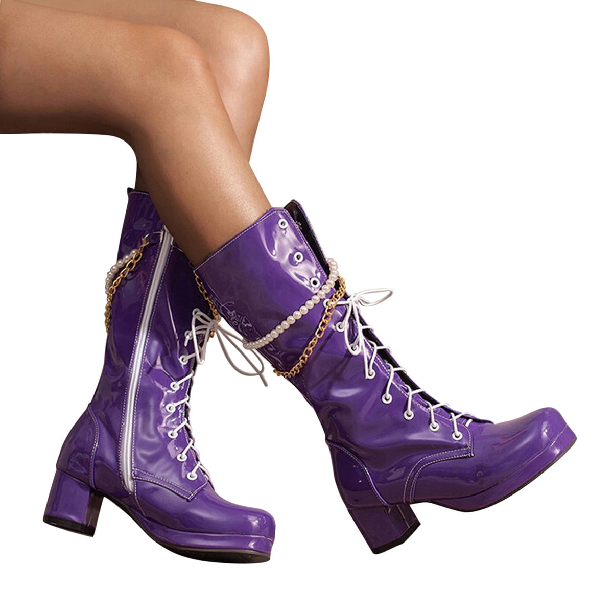 hopeusnice Knee High Boots for Women Mid Calf Boots Chunky Block Heels Buckle Lace Up Boots Stylish Fall Winter Shoes Orange 36