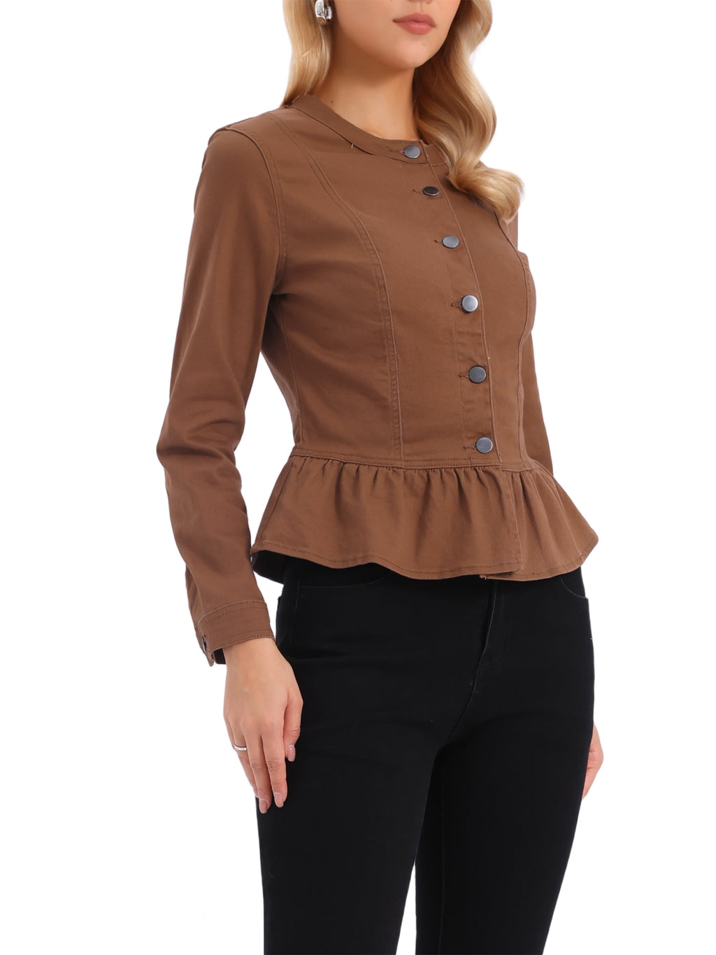 INSPIRE CHIC Women's Denim Jackets Button Down Peplum Hem Long Sleeves Cropped Jean Jackets White L