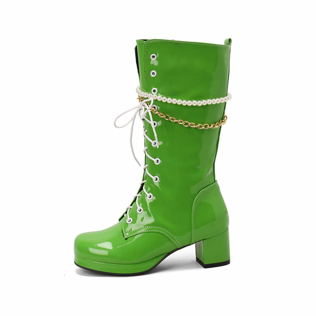 hopeusnice Knee High Boots for Women Mid Calf Boots Chunky Block Heels Buckle Lace Up Boots Stylish Fall Winter Shoes Orange 36