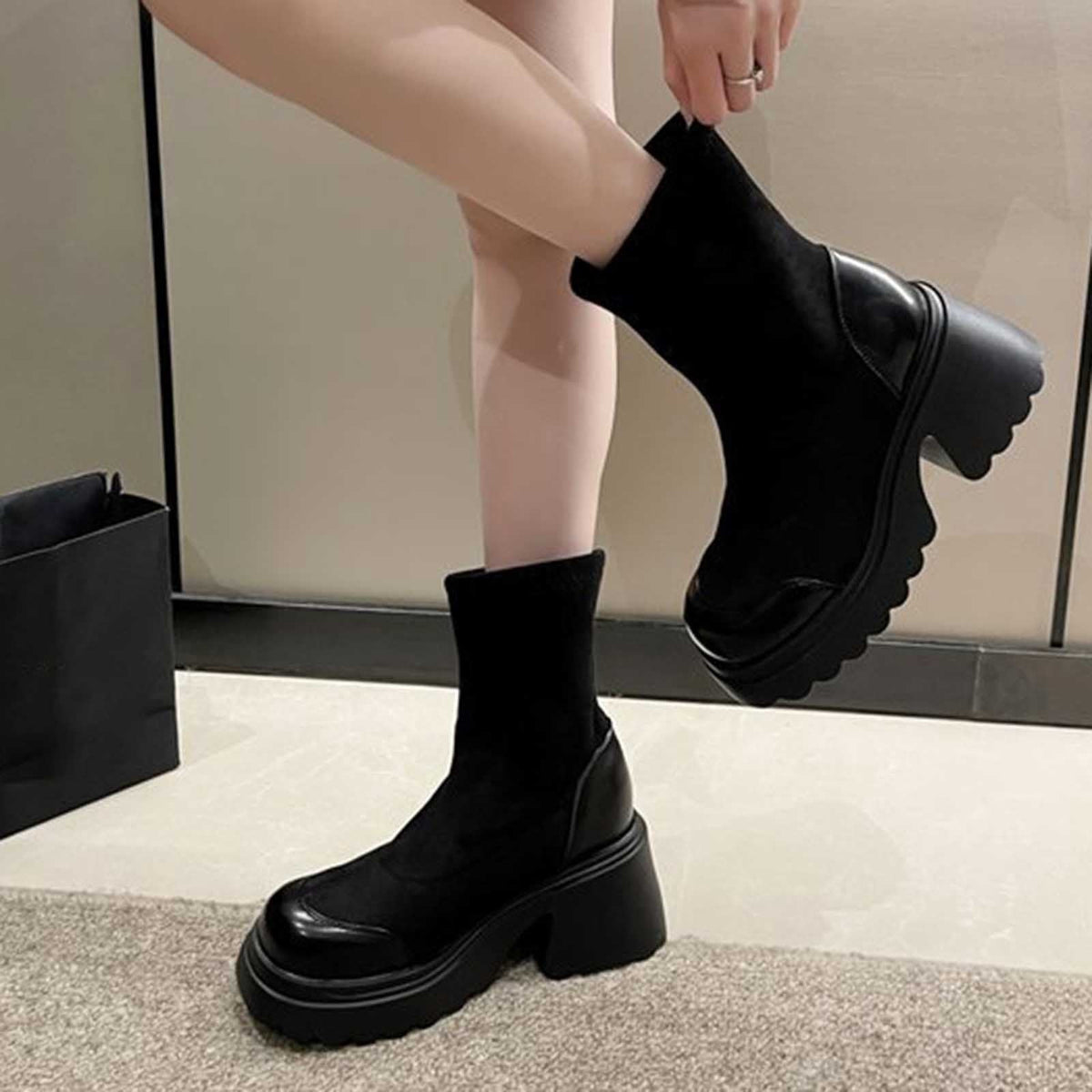 hopeusnice Women's Ankle Boots Chunky Heel Winter Warm Booties Suede Sock Boots Outdoor Fashion Shoes Winter Warm Boots Black 41