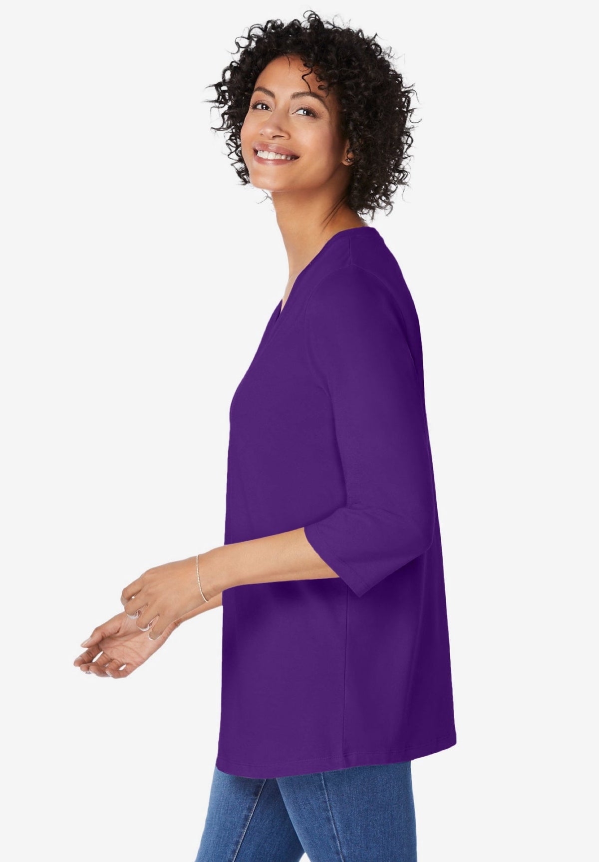 Woman Within Plus Size Perfect Three-Quarter Sleeve V-Neck Tunic