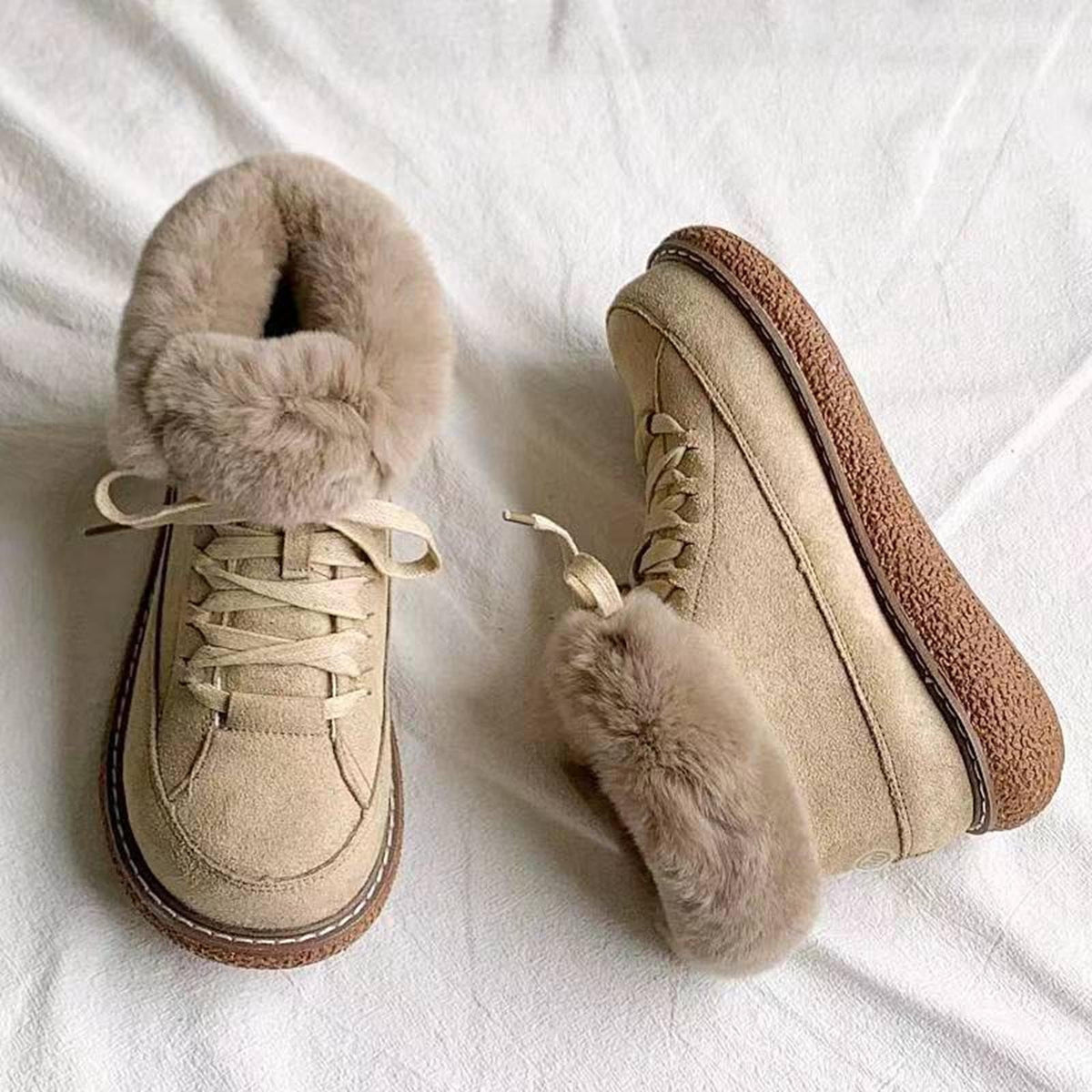 hopeusnice Women's Winter Snow Boots Fuzzy Fleece Lined Warm Ankle Booties Suede Shoes Lace Up Flats Comfortable Waterproof Shoes Black 38