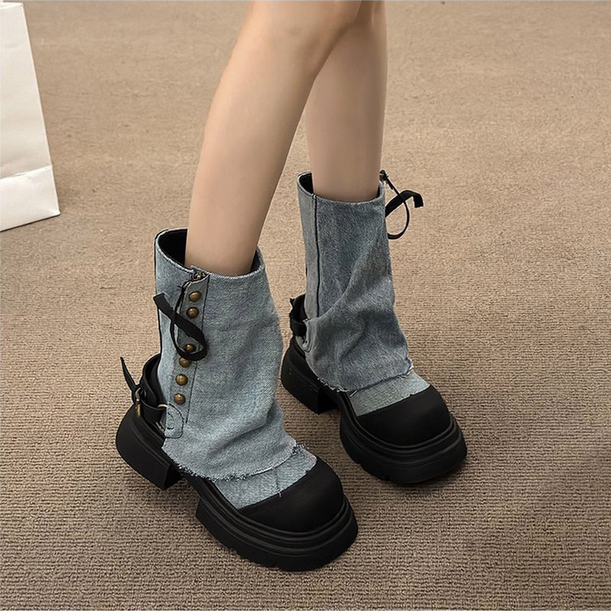 Hvyesh Fold Over Denim Boots for Women Sole Chunky Thick Soled Heel Booties Goth Punk Combat Zipper Mid Calf Booties Round Toe Dress Shoes,Boots for Women