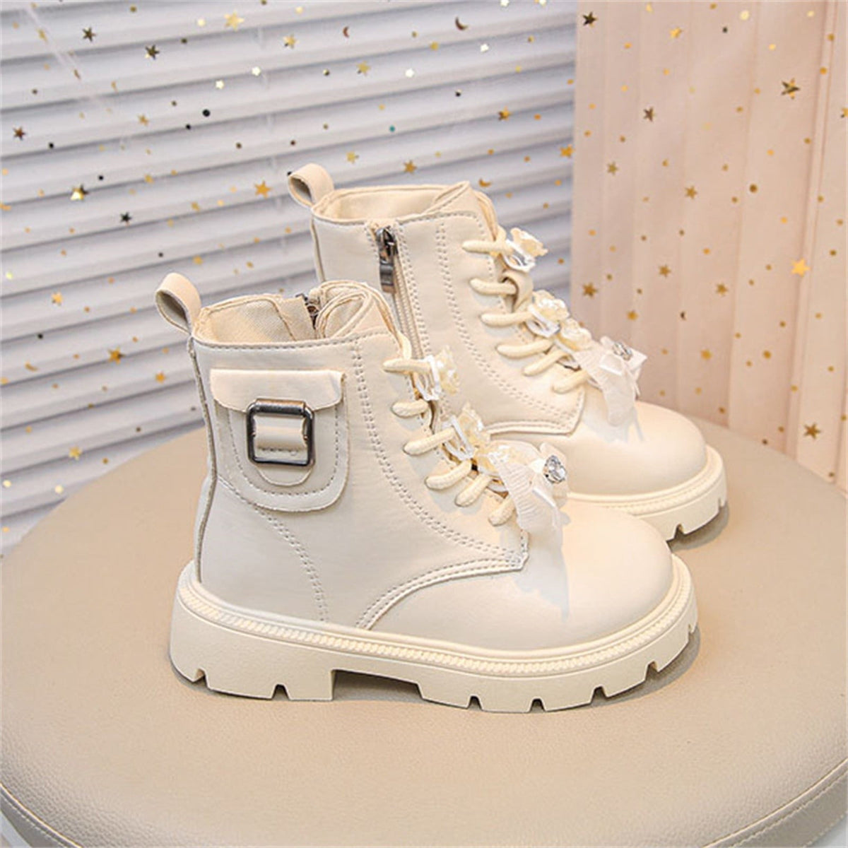 BXJX Girls Ankle Boots with Zipper, Bow Fall Winter Soft Sole Slip-Resistant Lace Up Boots Beige Size 13.5 Little Kids