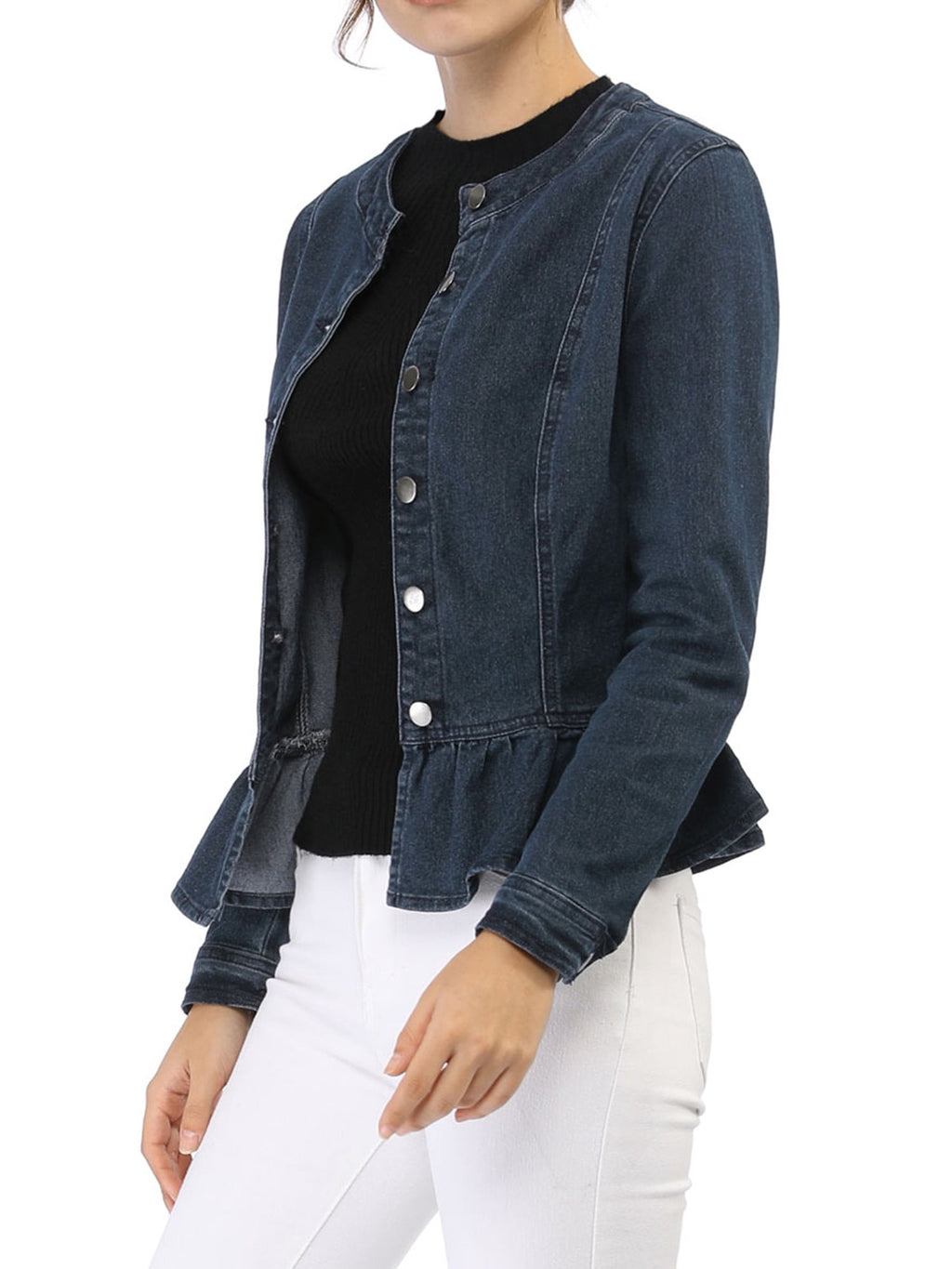 INSPIRE CHIC Women's Denim Jackets Button Down Peplum Hem Long Sleeves Cropped Jean Jackets White L