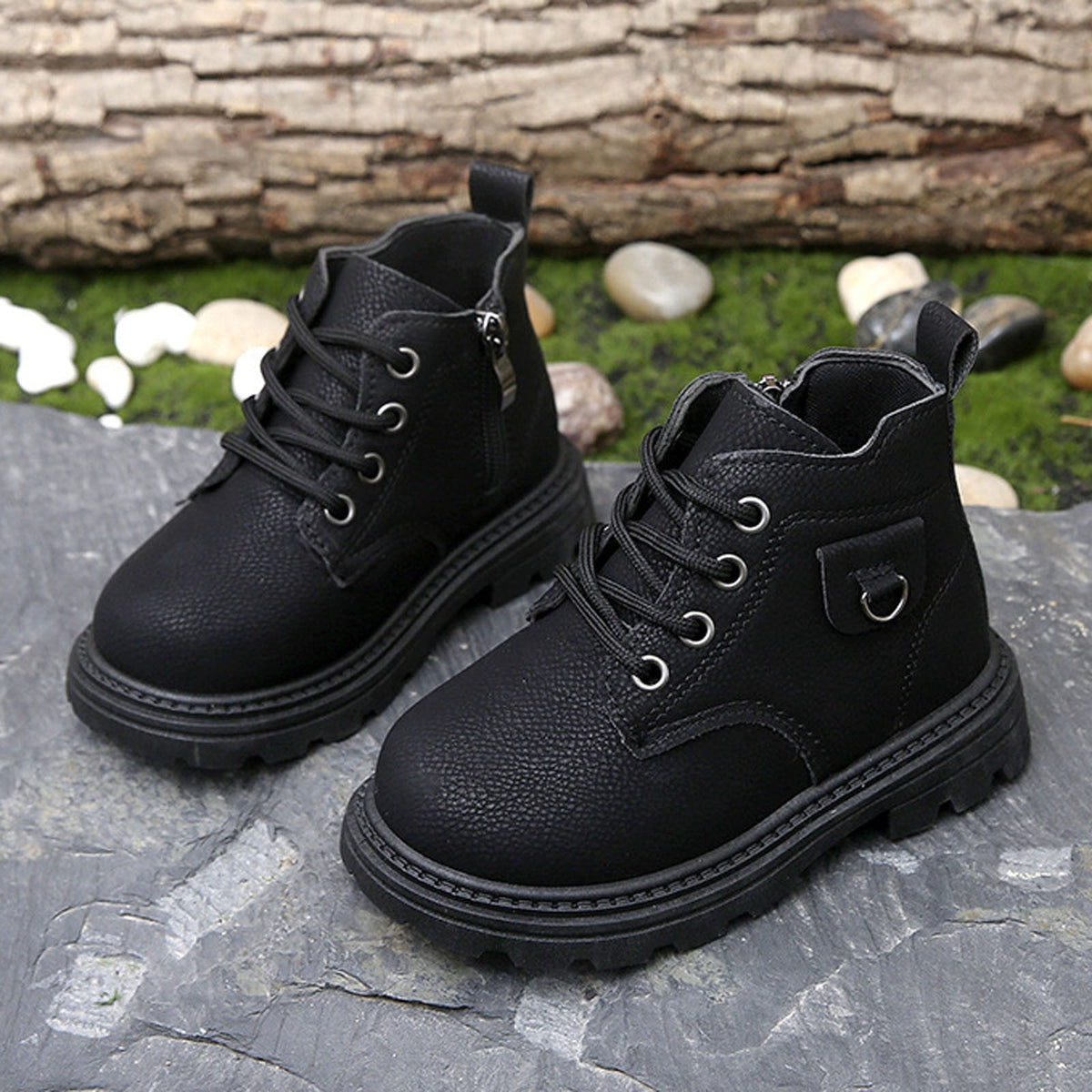 Mwjwdo Girls Leather Boots Short Winter Casual Fashion Artificial Leather Comfortable Sole Little Kids Shoes for Daily Wear Black 1-1.5Years