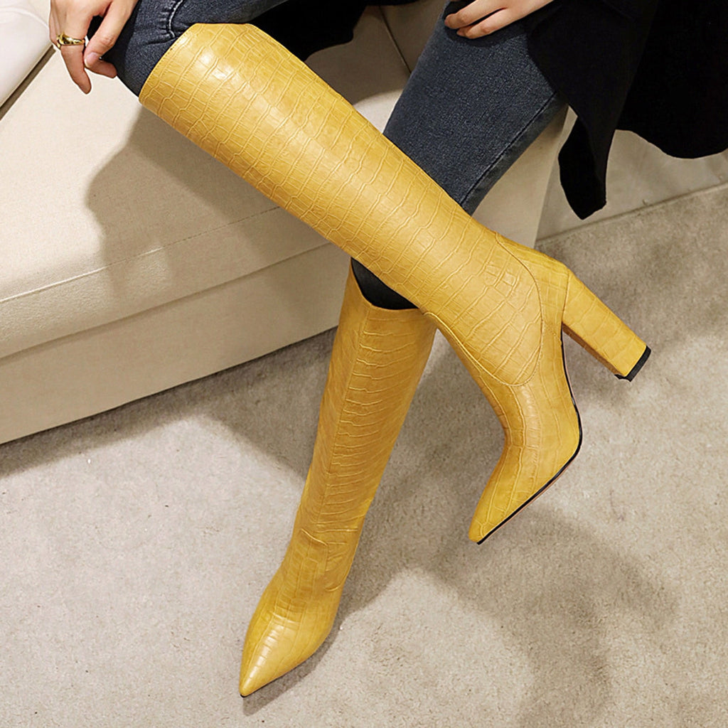 hopeusnice Women's Knee High Boots Pointed Toe Block Heel Over The Knee Boots Faux Leather Chunky Heel Dress Boots Elegant Fall Winter Shoes Yellow 45
