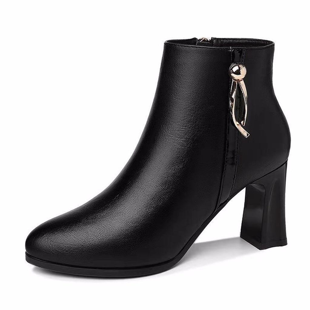 hopeusnice Women's Ankle Boots Pointed Toe Zipper Block Heel Booties Comfortable Leather Shoes Fall Winter Dressy Shoes Black 38