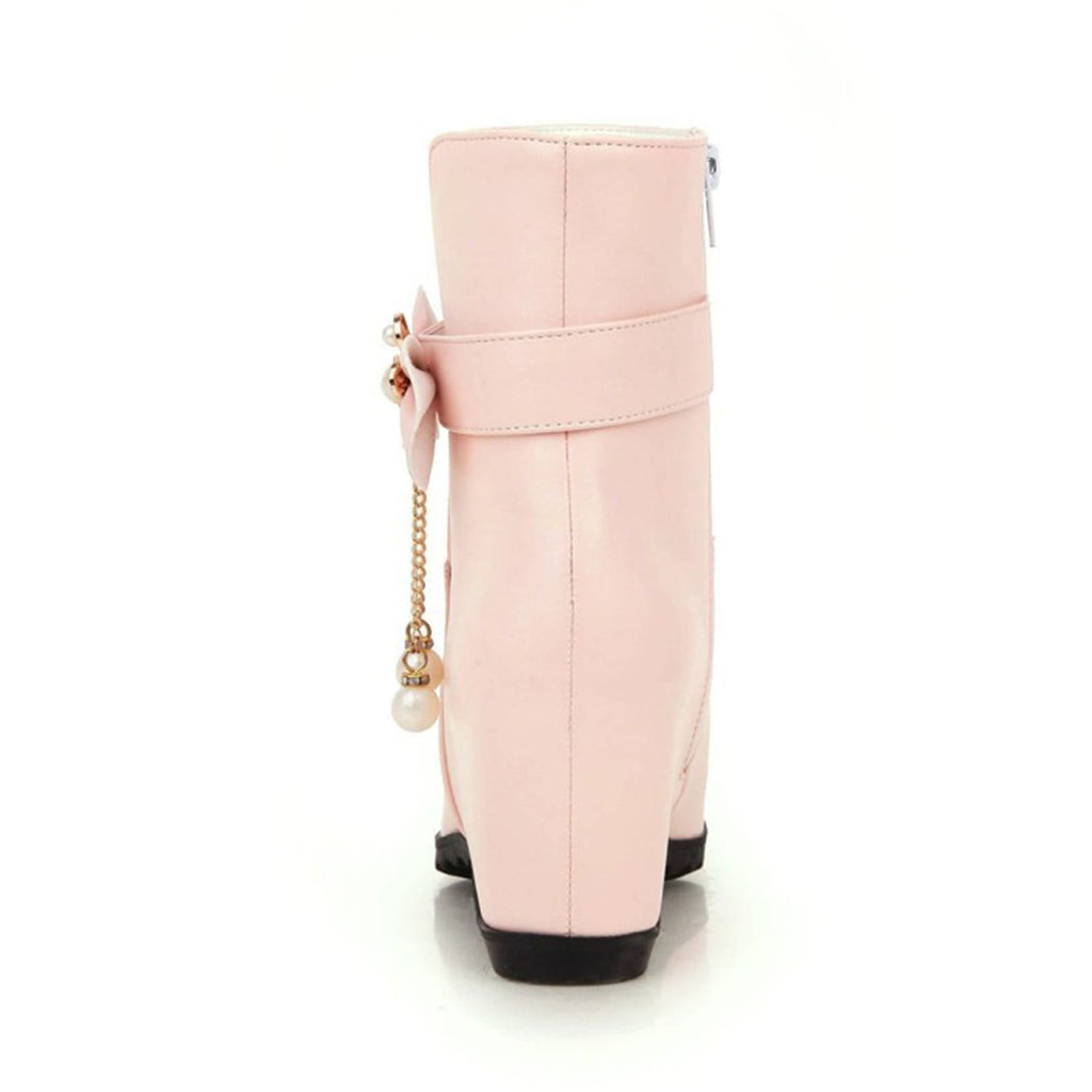Women's Ankle Boots Wedge Heel Zipper Closure Bowknot Decor Faux Leather Booties Short Boots Comfortable Wedge Heel Shoes Pink 40