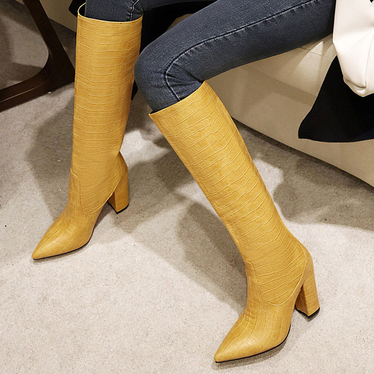 hopeusnice Women's Knee High Boots Pointed Toe Block Heel Over The Knee Boots Faux Leather Chunky Heel Dress Boots Elegant Fall Winter Shoes Yellow 45