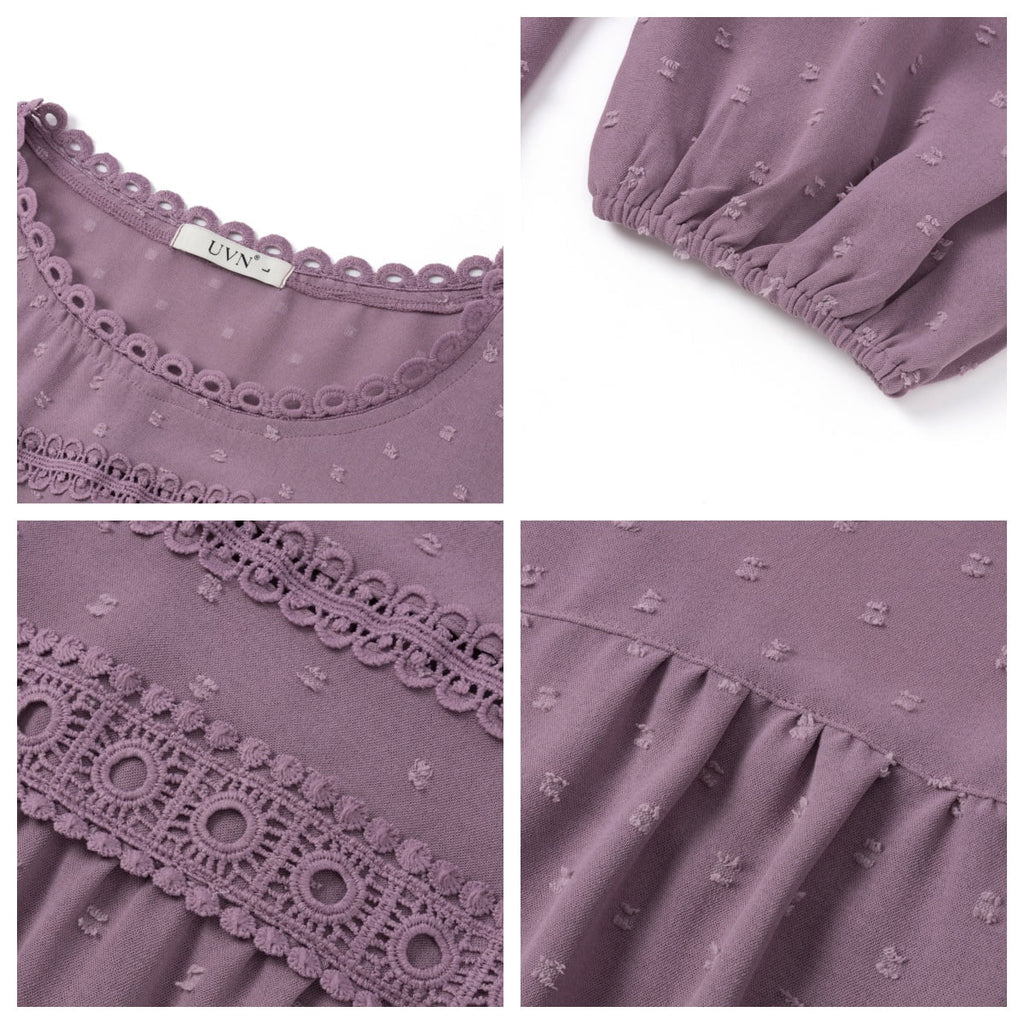 UVN Fall Shirts for Women Long Sleeve Blouses Ladies Crewneck Lace Crochet Tops Dressy Chiffon Blouses