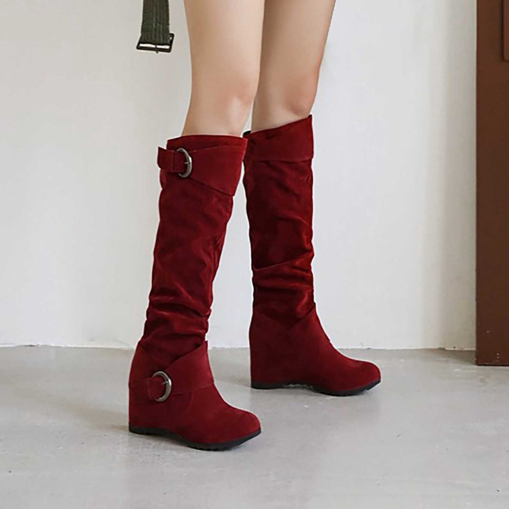 hopeusnice Women's Over The Knee Boots Suede Buckle Wedge Heel Winter Warm Boots Fashion Slouchy Boots Knee High Boots Brown 35