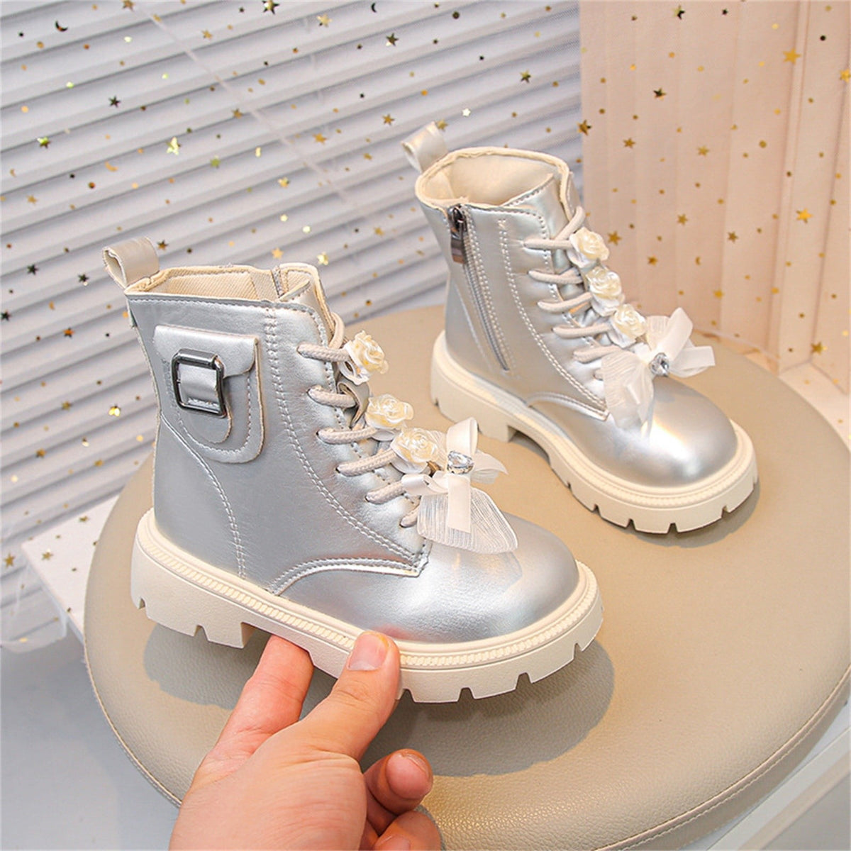 BXJX Girls Ankle Boots with Zipper, Bow Fall Winter Soft Sole Slip-Resistant Lace Up Boots Beige Size 13.5 Little Kids