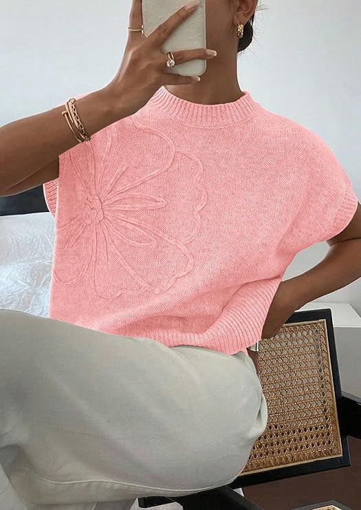 PRETTYGARDEN Women's Spring Sweater Vest Trendy Flower Knit Short Sleeve Cute Pullover Tank Tops Summer Fashion Clothing