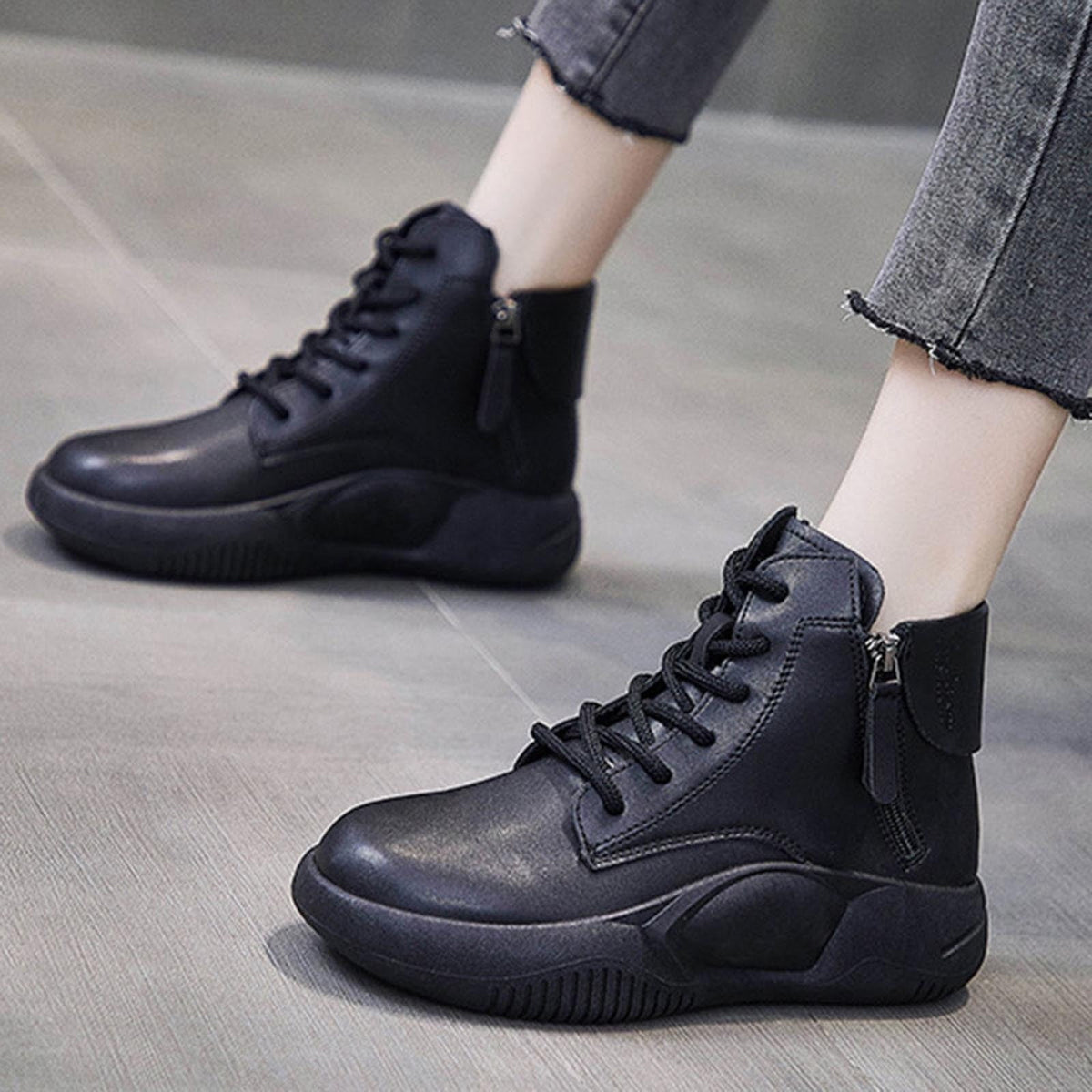 hopeusnice Women's Faux Leather Boots High Top Lace Up Zipper Ankle Boots Sneakers Comfortable Breathable Shoes Black 36
