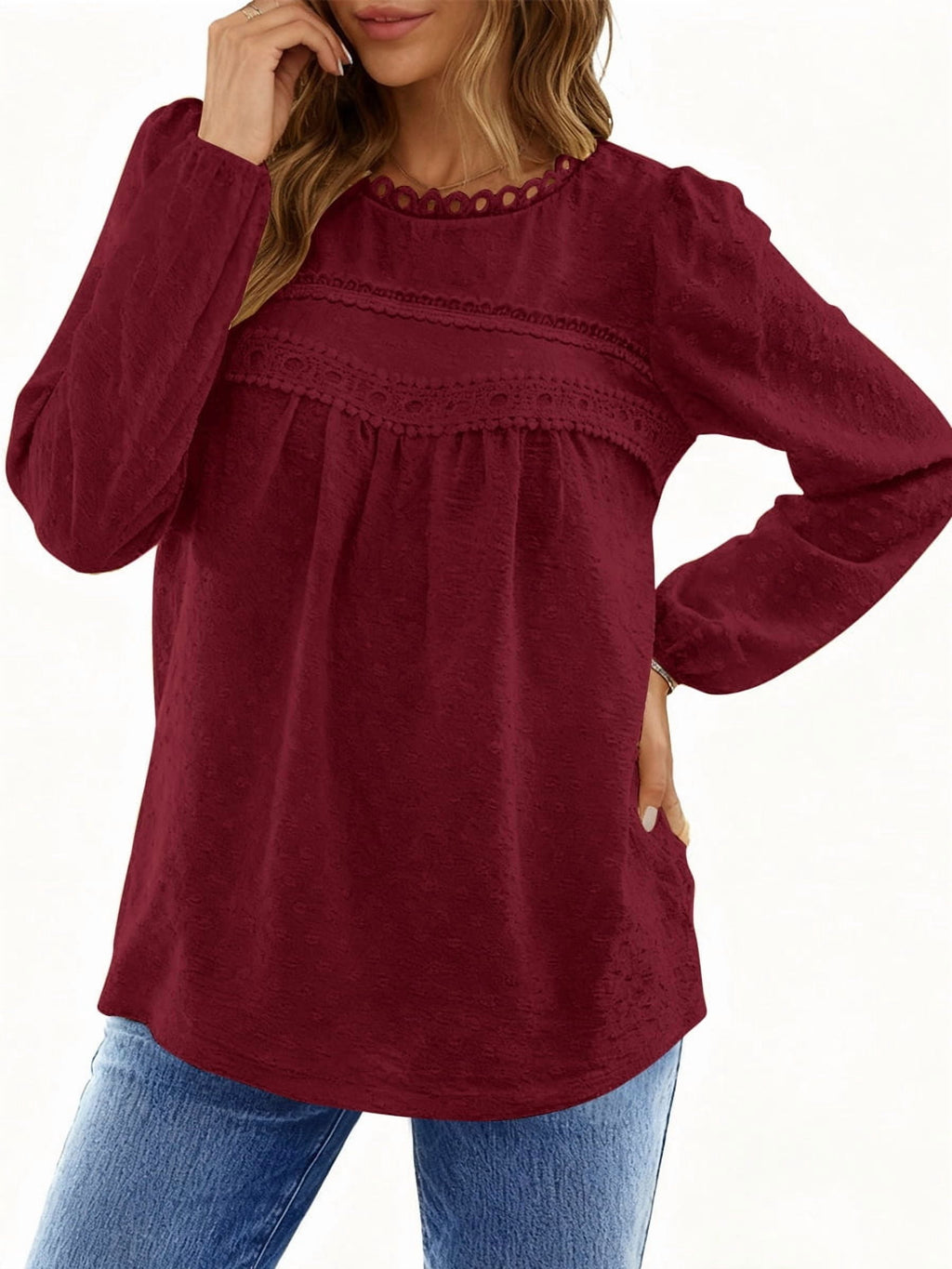 UVN Fall Shirts for Women Long Sleeve Blouses Ladies Crewneck Lace Crochet Tops Dressy Chiffon Blouses